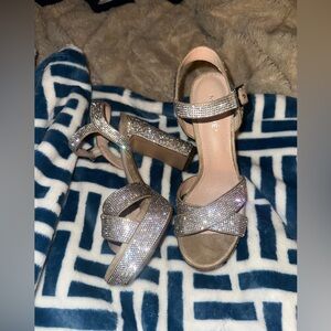 Maripe Silver Open Toe Chunky High Heel Rhinestone